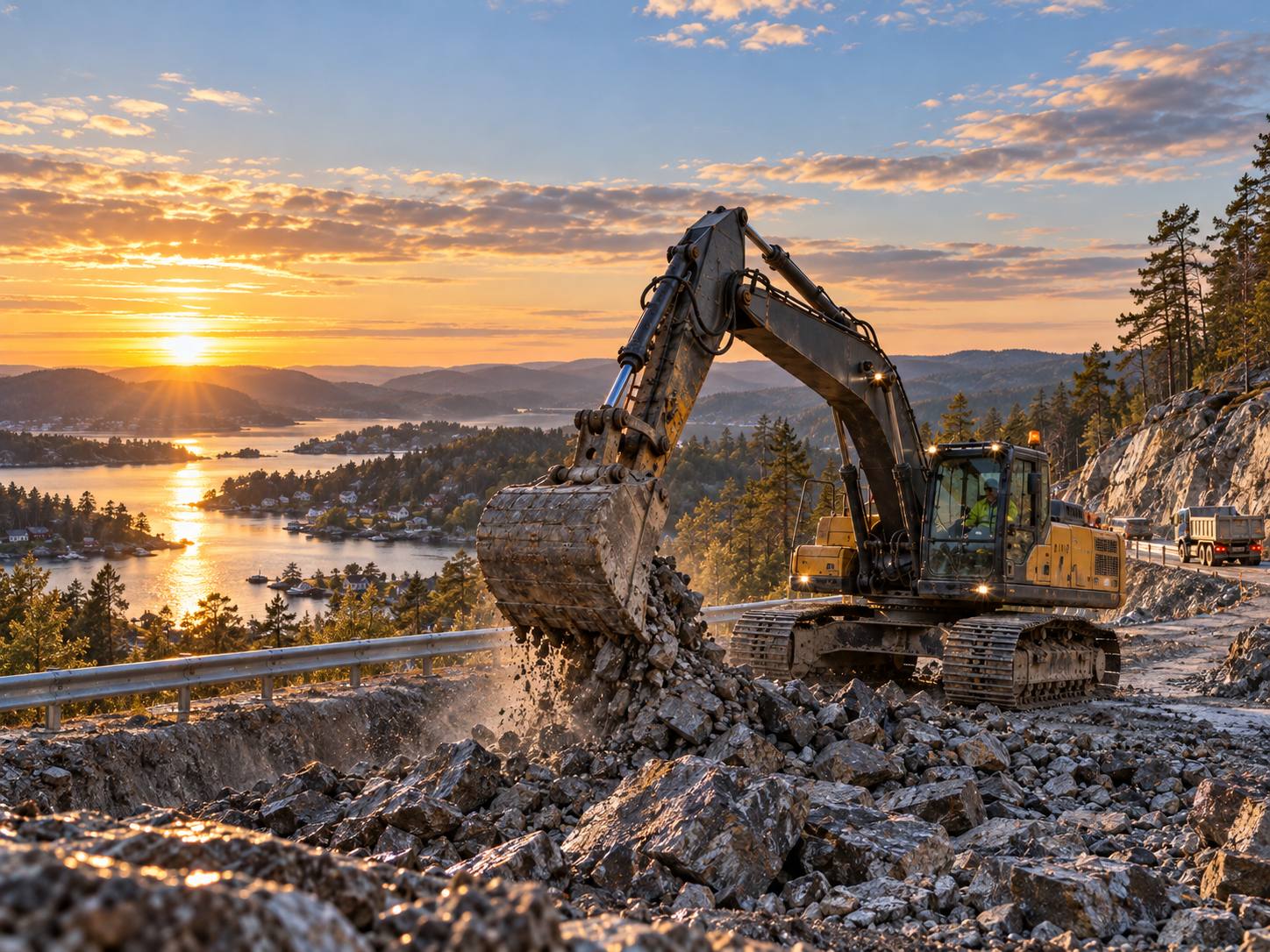 Gravemaskin i arbeid langs vei med utsikt over skjærgården i Agder ved soloppgang
